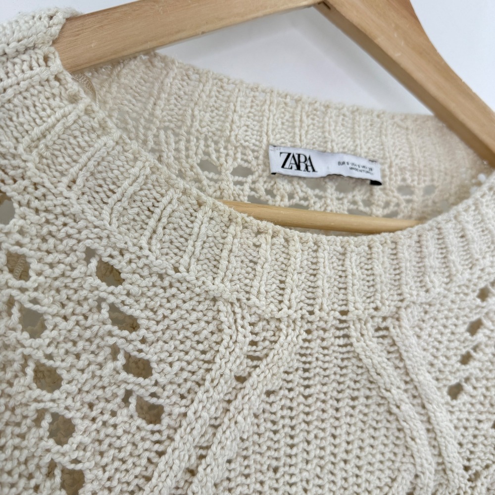 Zara Knit Cropped Sweater Small Cream Pom Pom Open Knit Boho Chic Pullover - Picture 8 of 11
